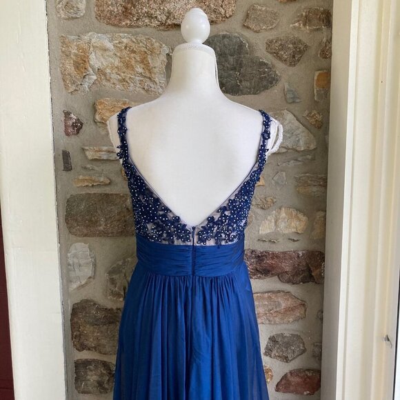 La Femme Cobalt Blue Beaded Lace Chiffon Gown Womens 8 - Picture 9 of 12